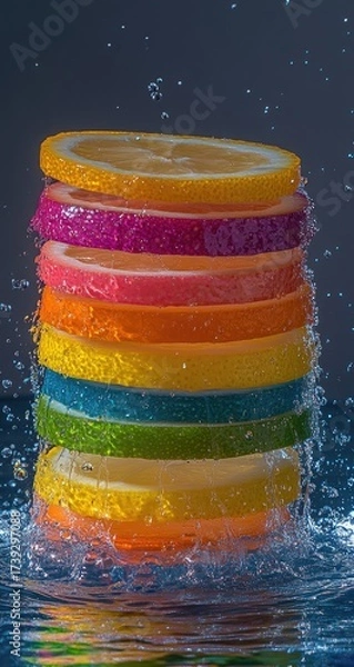 Fototapeta Stacked rainbow citrus slices, water splash on blue