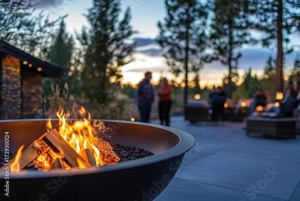 Fototapeta Group of friends enjoying an autumn evening outdoors, sitting around a fire pit, laughing and talking. Cozy atmosphere, warm clothes, and vibrant fall foliage in the background. Copy space. Banner