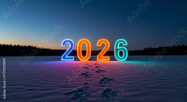 Fototapeta Four large, illuminated, multicolored marquee numbers spelling out 2026 stand in a snowy landscape under a twilight sky, with a set of footprints leading from the foreground directly up to the 