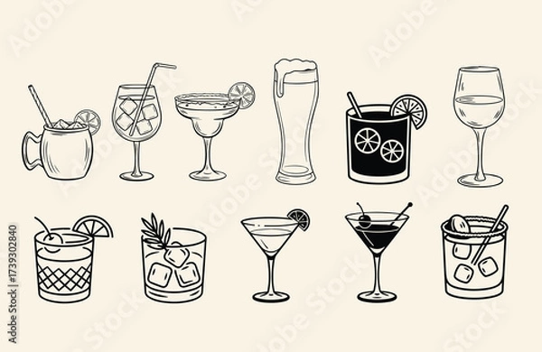 Fototapeta Outline drawings showcase multiple mixed drinks, beer, and wine on a simple background
