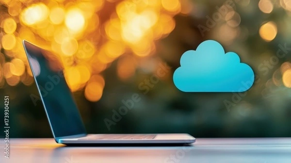 Fototapeta Cloud Networking Cloud Security Encryption Privacy Fingerprint scanner on laptop with cloud icon, secure access to cloud data with biometric authentication