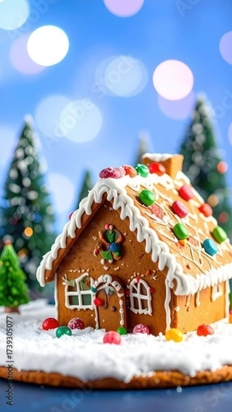 Fototapeta Festive gingerbread house with candy