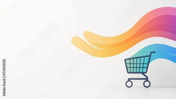 Fototapeta shopping cart vibrant rainbow icon Shopping cart icon with a vibrant rainbow trail, white background, representing joyful and diverse shopping experiences