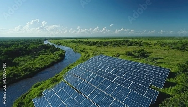Fototapeta Solar array meets river amidst green fields under blue sky