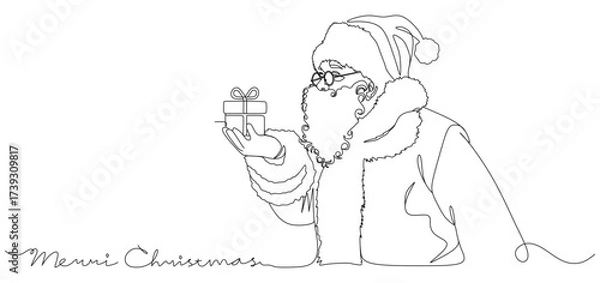 Fototapeta A simple, minimalist, one-line illustration depicting Santa Claus. He wears his signature hat and coat with a thick fur, complete with a curly beard and glasses. He holds a small gift box 