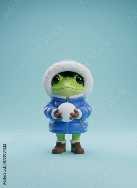 Obraz A Whimsical Winter Frog Ready to Play with a Snowball Delightful 3D Render on Soft Blue Background. Generative AI