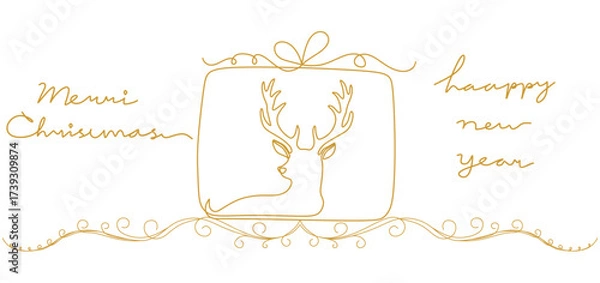 Fototapeta A minimalist, one-line illustration in gold. The image features a deer head with large antlers within a square frame resembling a gift with a ribbon. The text "Merry Christmas" is on the left side