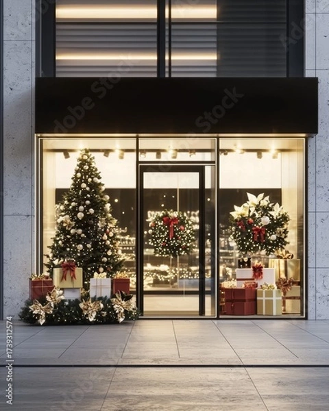 Fototapeta A seasonal display of flowers and trees in a modern retail space.