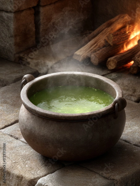 Fototapeta Steaming cauldron over fire with green soup in rustic setting.