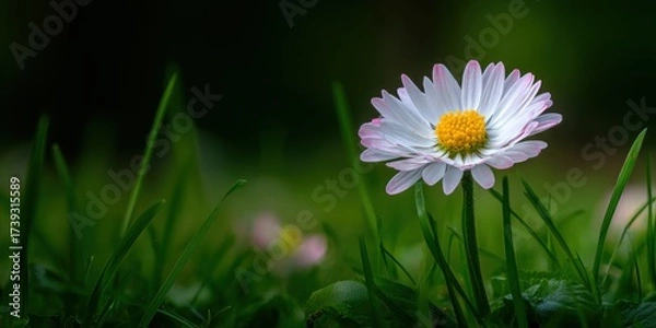 Obraz Close-up of a daisy with white petals tipped in pink, in a field of green grass