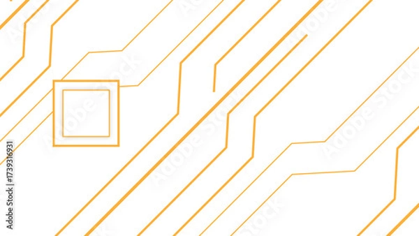 Fototapeta Minimalistic abstract background with diagonal orange circuit-like lines and geometric connections on a clean white surface. Sharp linear paths and futuristic modern tech-inspired aesthetic,