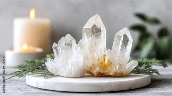 Fototapeta Quartz minerals and candle on abstract marble background. esoteric spiritual practice for aura cleansing, relax, life balance. Crystal ritual, reiki therapy