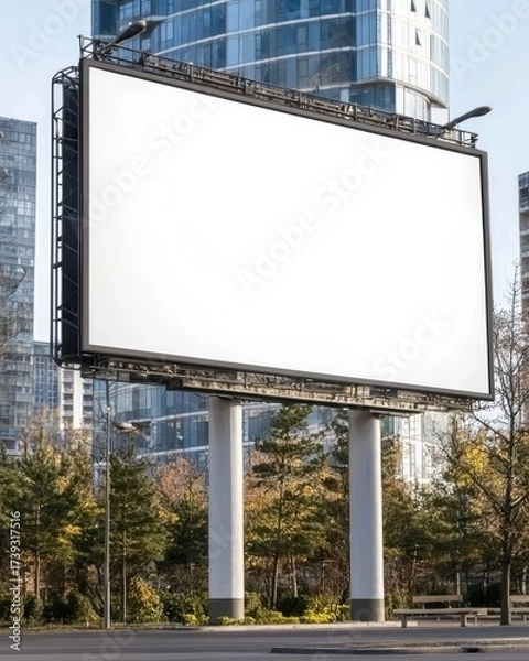 Fototapeta A large blank billboard contrasts with a modern building in an urban setting.