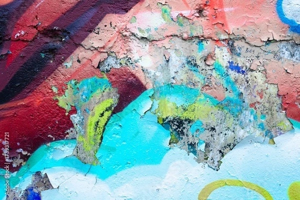 Fototapeta Urban graffiti texture with peeling paint in bold red, turquoise, yellow. 90s grunge style, abstract pattern, vibrant hues. Backgrounds, digital art, modern 90s creative banner, street visuals.