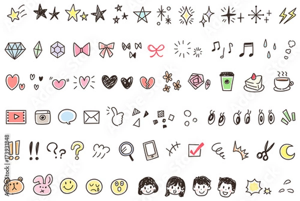 Obraz かわいい手描きアイコンのセット 若い女性向け（カラー）