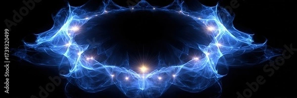 Fototapeta Dynamic Blue Energy Vortex, Abstract Symmetrical Background with Glowing Particle Trails, Futuristic Digital Art Design