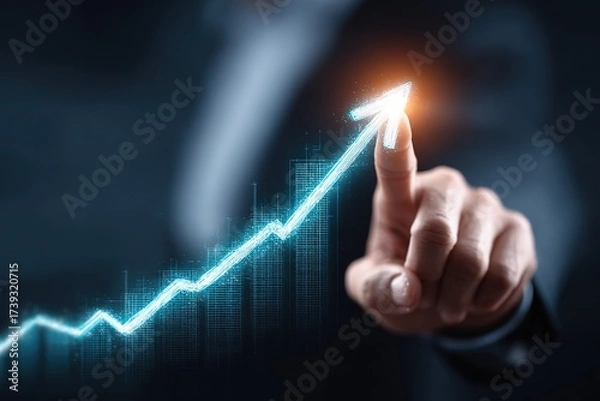 Fototapeta Finger Pressing Glowing Upward Arrow, Activating Business Growth and Success Metrics, Futuristic Technology and Data Visualization