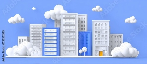 Obraz ​3D Rendered Minimalist Cityscape, Blue and White Building Models for Urban Planning Presentation, Architectural Visualization and Digital Art Project