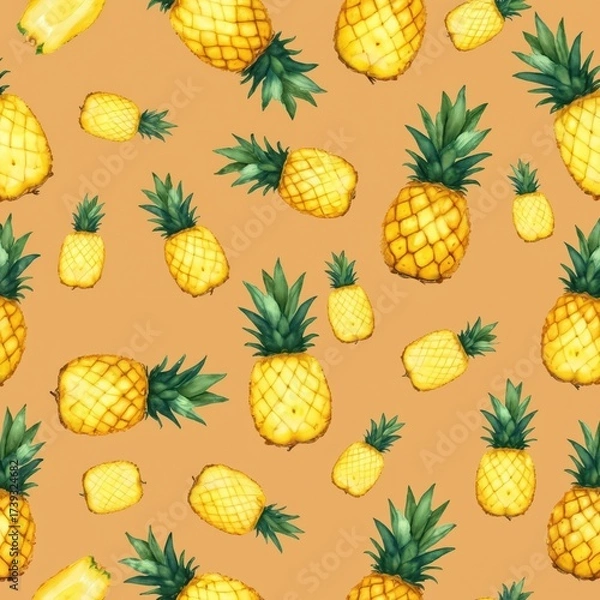 Fototapeta Watercolor seamless pattern with pineapples. Tropical fruits on orange background. Summer design for fabric wallpaper textile print. Sweet juicy ananas design for menu cards covers paper