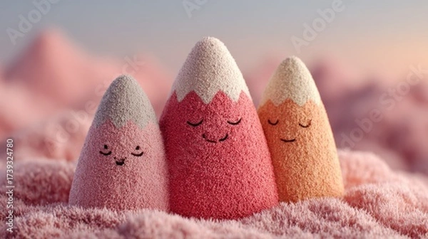 Fototapeta Cute mountain-like characters with smiling faces in a pastel landscape during sunset