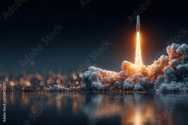 Fototapeta Rocket launches into the night sky leaving a trail of fire and smoke above a city skyline while spectators watch in awe