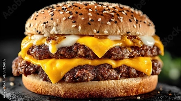 Fototapeta Satisfying double cheeseburger with melted cheese and special sauce on a sesame seed bun served with a dark background