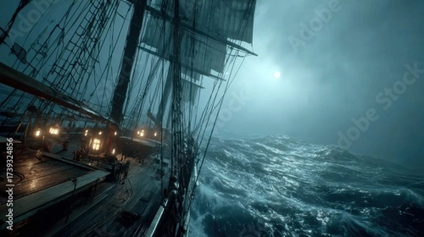 Fototapeta Sailing through a stormy sea under a full moon at night on a historic tall ship