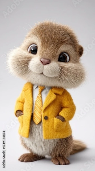 Fototapeta Cute cartoon otter character wearing a yellow coat and tie, posing confidently against a simple background