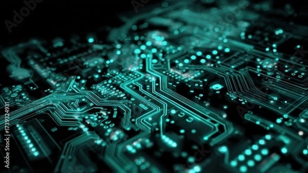 Fototapeta Close-up view of an intricate circuit board design illuminated in teal colors showcasing technology in action