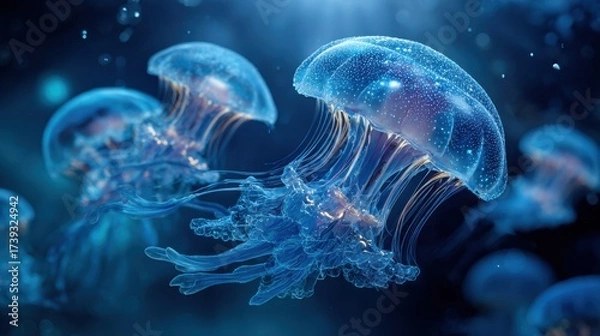 Fototapeta Colorful jellyfish swimming gracefully in the deep ocean waters during a serene underwater scene at twilight
