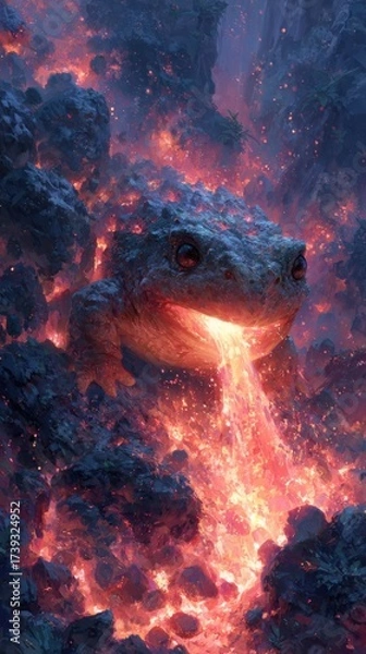 Fototapeta Majestic lava-spewing frog emerges from volcanic rocks in a surreal landscape at dusk