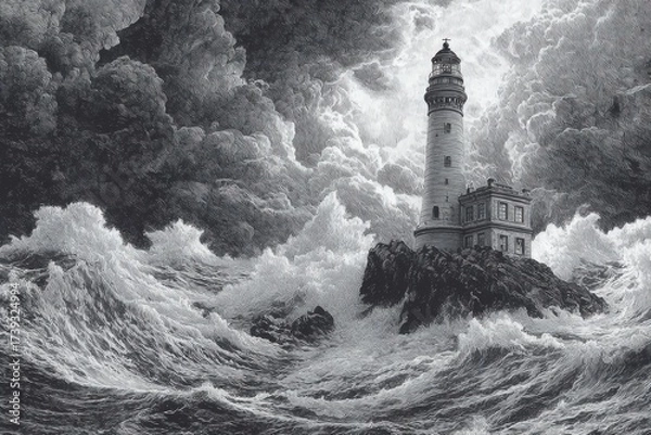 Fototapeta Stormy seas surround a tall lighthouse standing firm on a rocky shore during a dramatic weather event at dusk