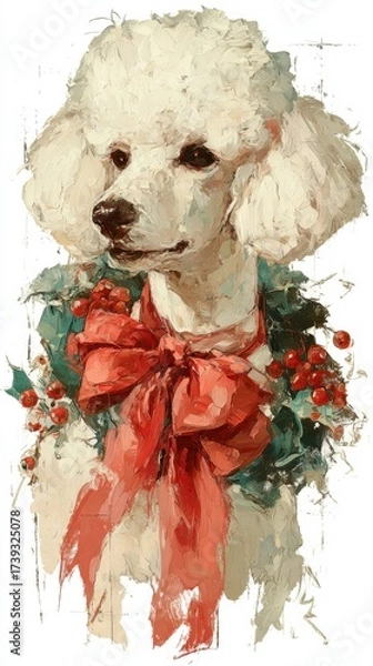 Fototapeta Cute white poodle with a festive wreath and red bow, portrayed in a charming art style during the holiday season