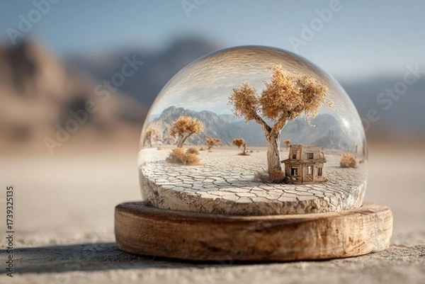 Fototapeta Unique snow globe displays a dry landscape with cracked earth, a solitary tree, and a small house, capturing a moment of stillness in nature