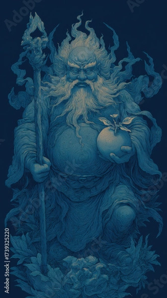 Fototapeta Powerful deity holds a mystical fruit while surrounded by swirling energy in a dark atmosphere