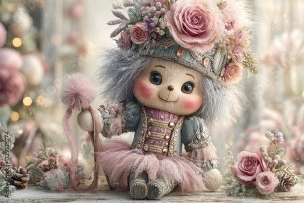 Fototapeta Charming doll dressed in pastel colors with floral crown surrounded by delicate decorations in a whimsical setting