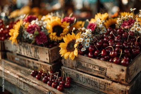 Fototapeta Vibrant flowers and cherry display at a rustic market in summer, capturing the beauty of nature's bounty