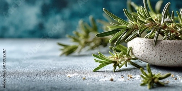 Fototapeta Fresh rosemary sprigs and coarse salt arranged on a textured surface with a blue background in a cozy kitchen setting