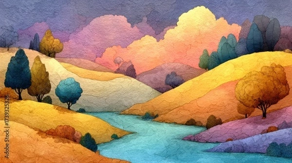 Fototapeta Colorful landscape with rolling hills, a winding river, and a vibrant sky at sunset