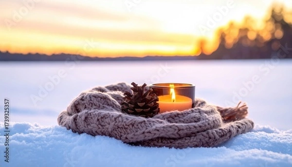 Fototapeta Candle, pinecone, scarf in snow