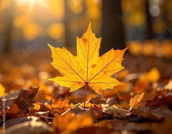Fototapeta Glowing maple leaf on fallen leaves