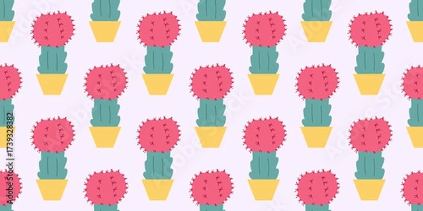 Obraz Seamless pattern with cacti in yellow pots. Trendy botanical design for textiles, wallpapers, backgrounds, gift wrap, packaging, stationery.
