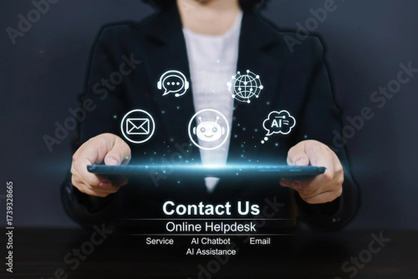 Obraz Customer service and support solution, Businesswoman offering digital support with global communication icons. Contact us page, online helpdesk, service, Ai chatbot, email, Ai assistance.