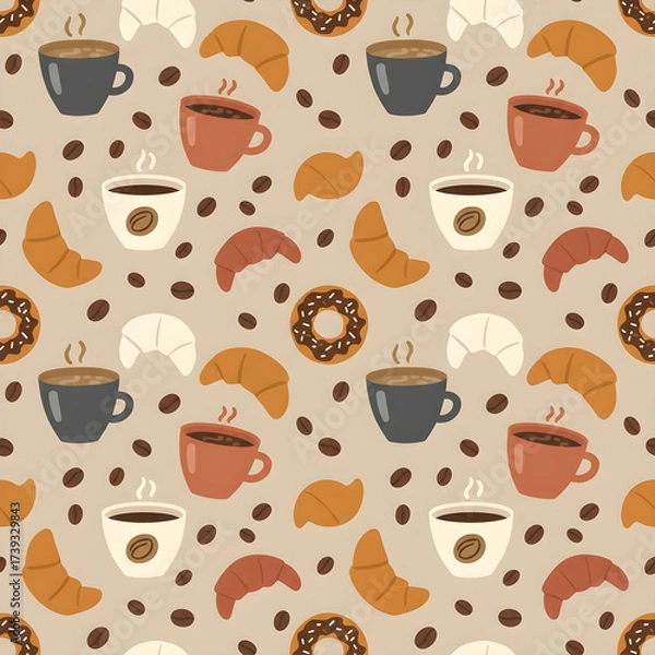 Fototapeta Seamless pattern of coffee cups, croissants, donuts, and coffee beans, modern flat style.