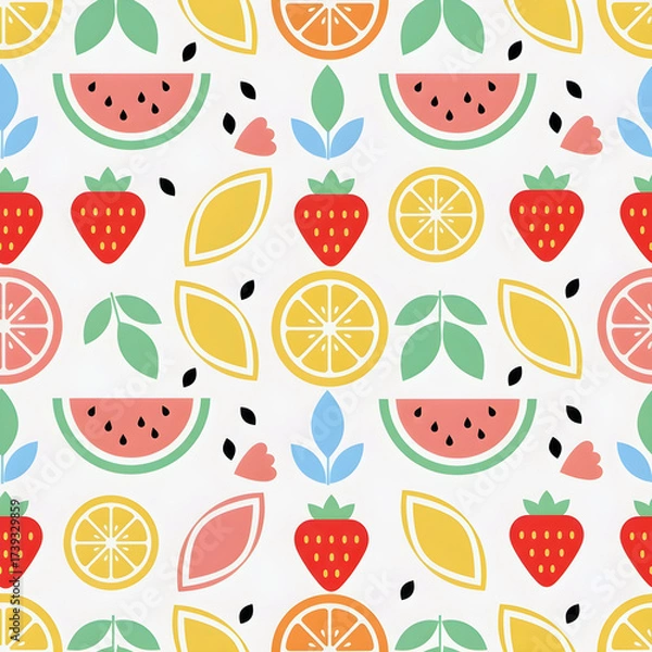 Fototapeta seamless pattern of colorful fresh fruits in a minimalist geometric flat design