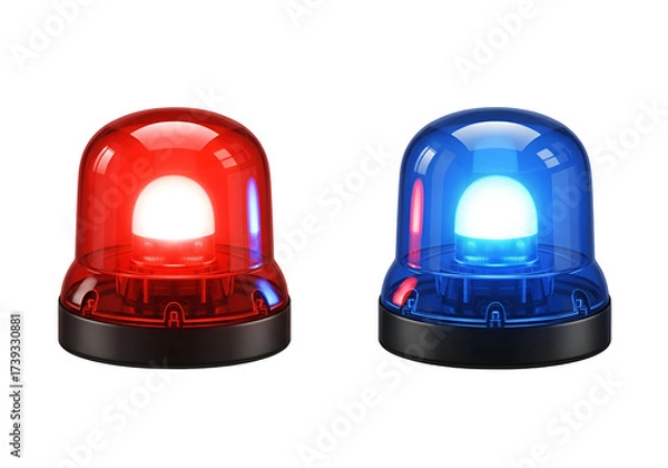 Fototapeta Emergency Lights: Red and Blue Siren Flashing for Police, Fire, and Ambulance Services - Critical Alert System with Bright Glowing Signal on White Background