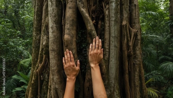Fototapeta Man and woman reaching hands toward the sky under a forest tree is a gesture of people embracing nature