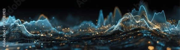 Fototapeta Artificial intelligence analyzing global market patterns with vast neural network connections and glowing financial waveforms across horizon for fintech technology analytics and business insights.