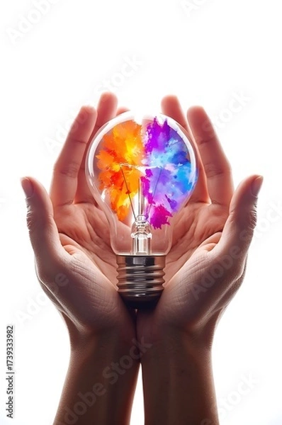 Fototapeta Hands holding a light bulb with flowers symbolizing a global concept for Earth's environmental protection
