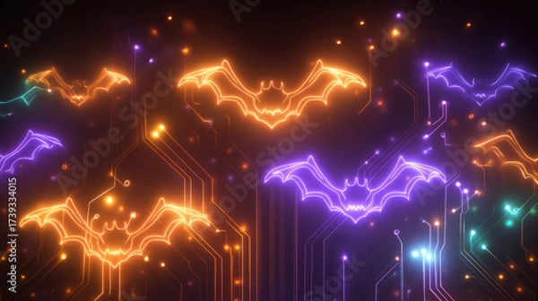 Fototapeta Futuristic Halloween abstract design with neon circuit lines shaped like bats and pumpkins featuring holographic fluid gradients in violet orange tones for technology festive creative concept.